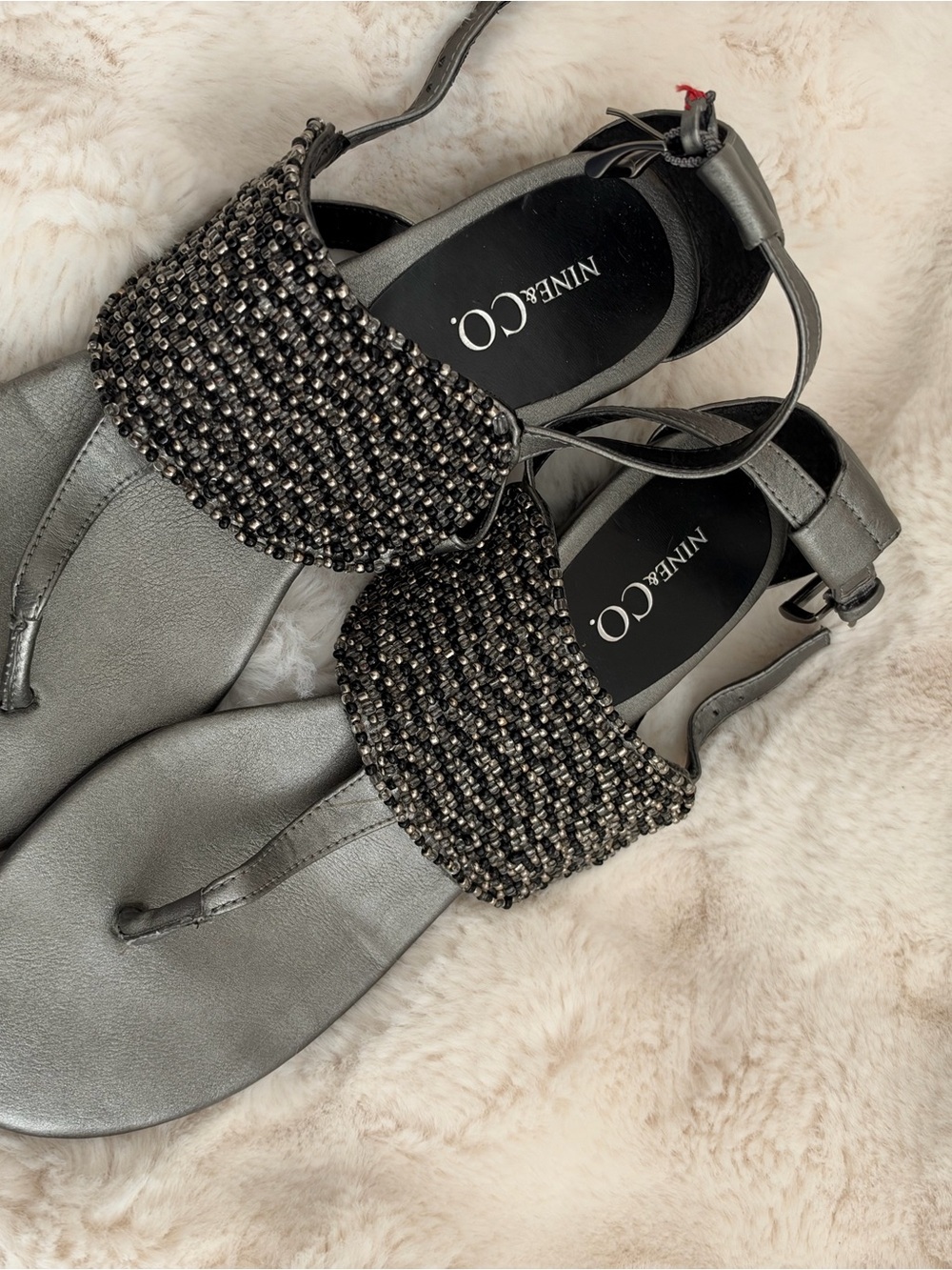 Nine & Co Metallic Silver Beaded Thong Ankle Strap Sandals